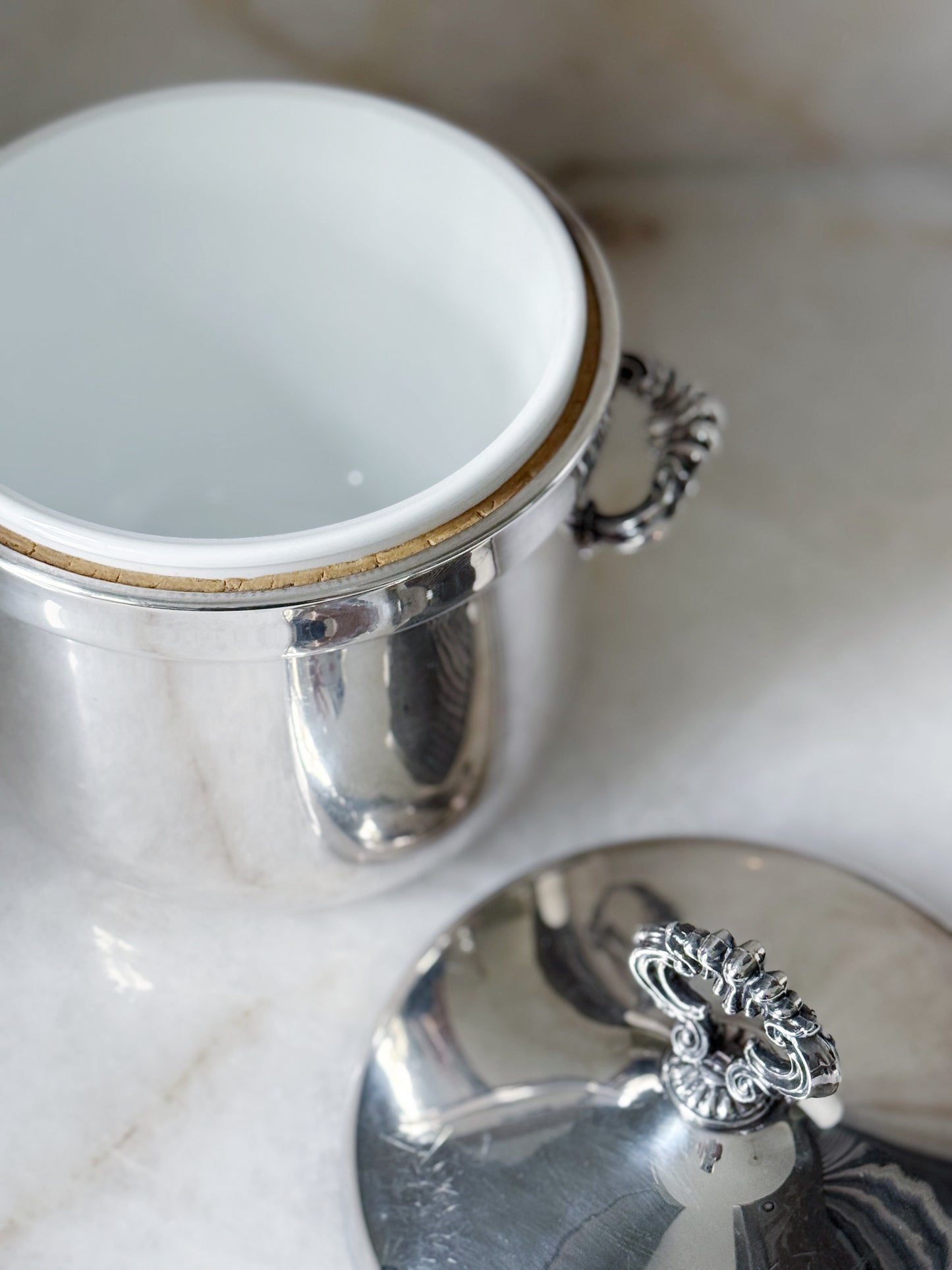 Vintage Silver Ice Bucket with Milk Glass Insert