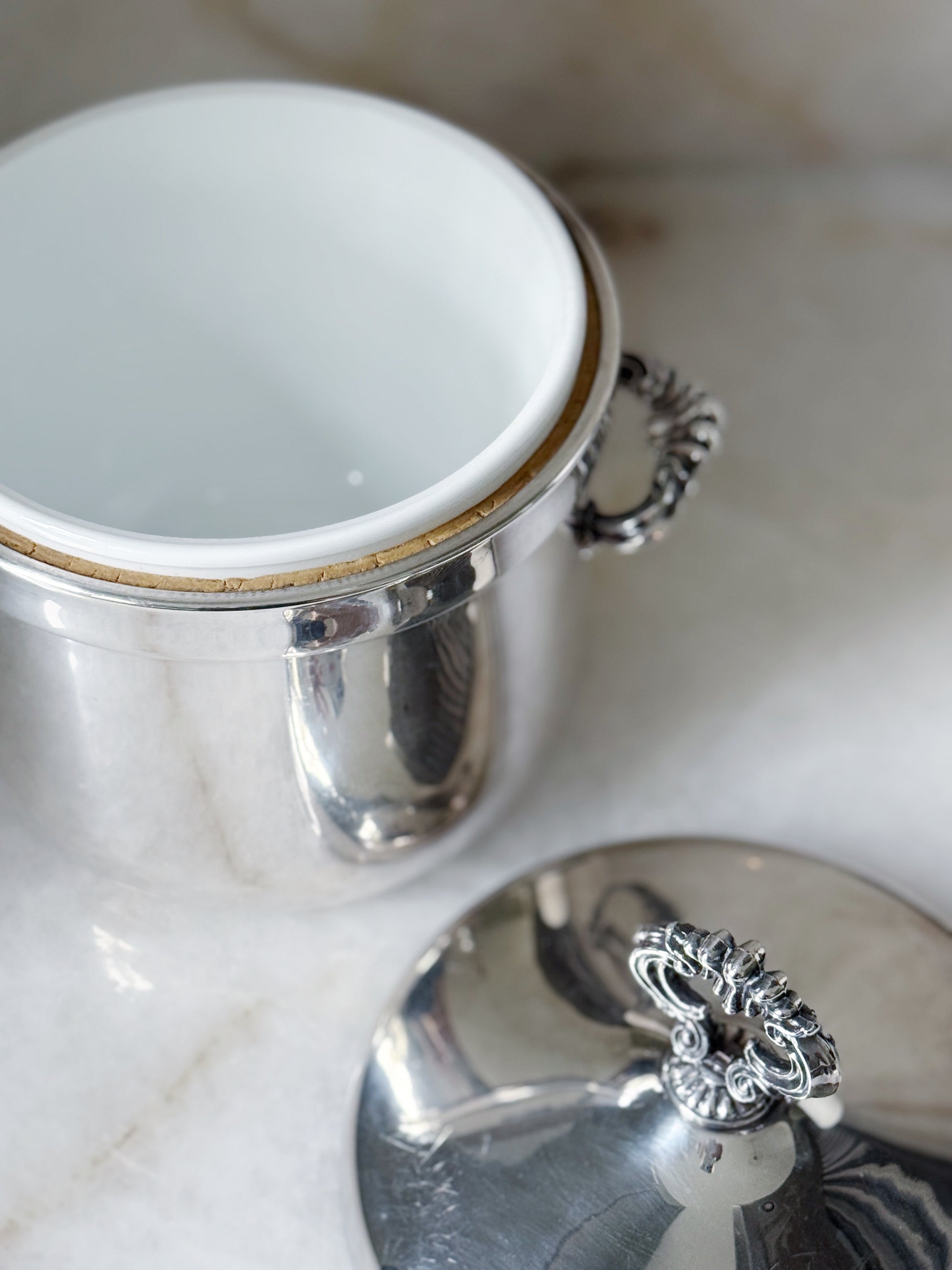 Vintage Silver Ice Bucket with Milk Glass Insert