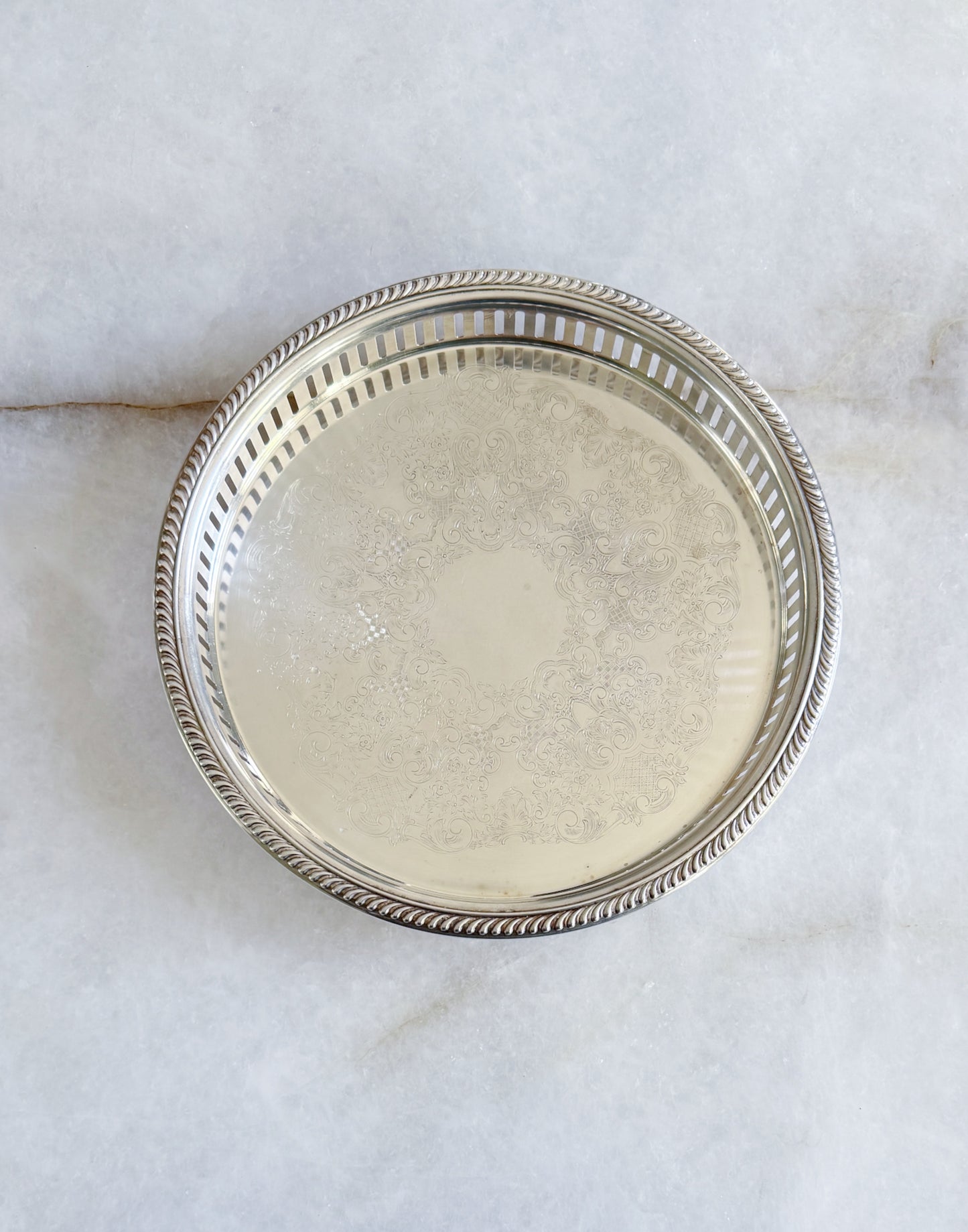 Vintage Silver Serving Tray with Reticulated Edges - 10" round