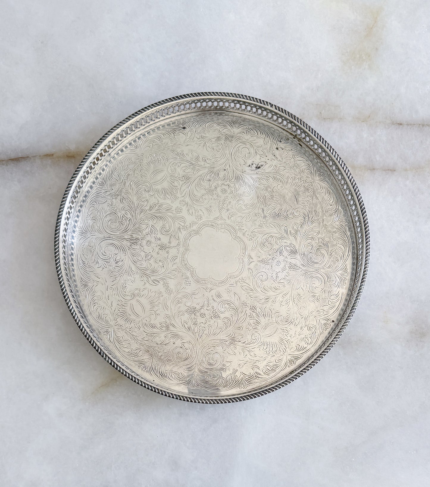 Footed vintage silver serving tray with reticulated edges