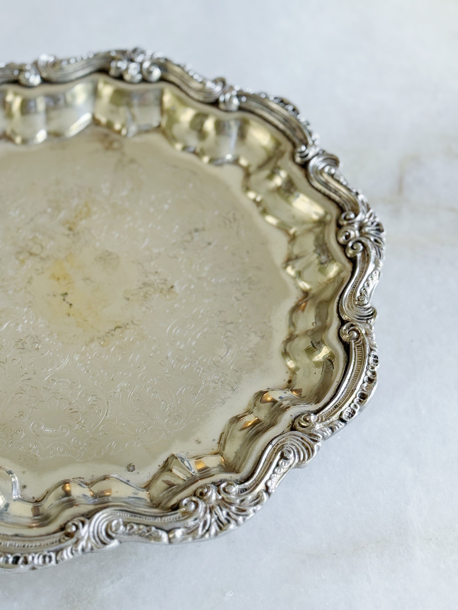 Vintage Silver Round Footed Serving Tray with Embossed Center - 12"