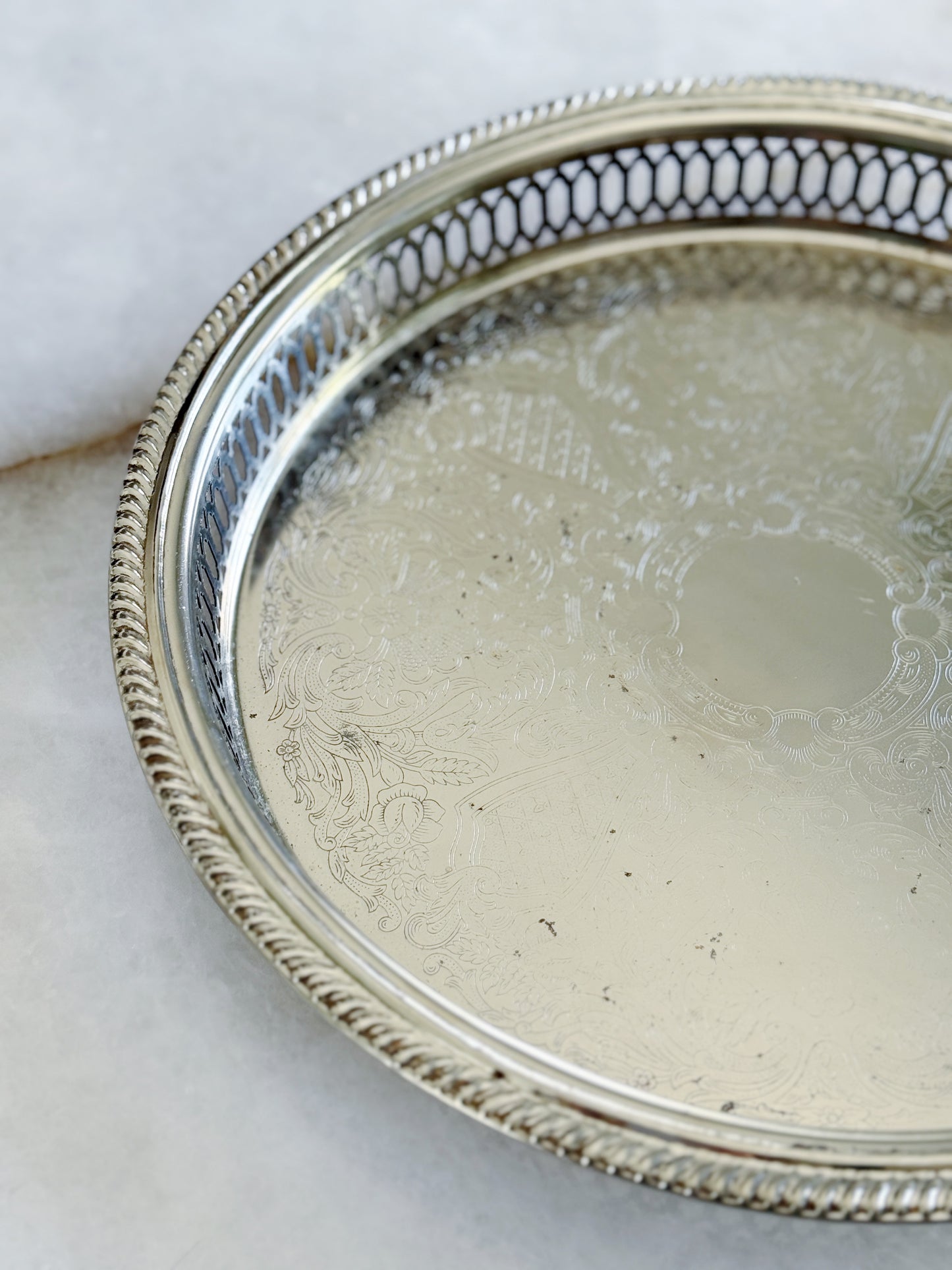 Vintage Silver Serving Tray with Reticulated Edges - 11.25”
