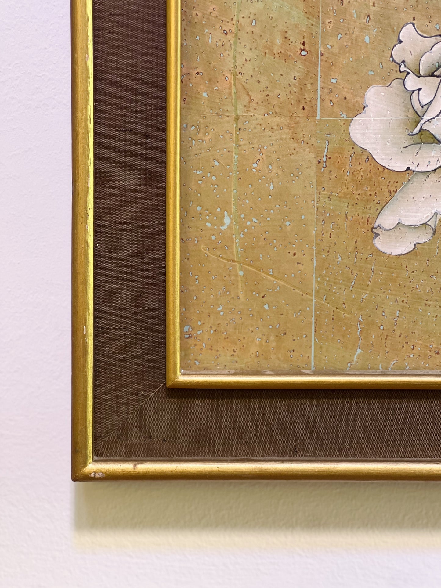 Vintage Asian watercolor art on cork with silk frame