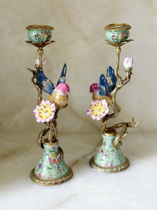 Set of Hand Painted Bird Candelabra with Bronze Ormolu