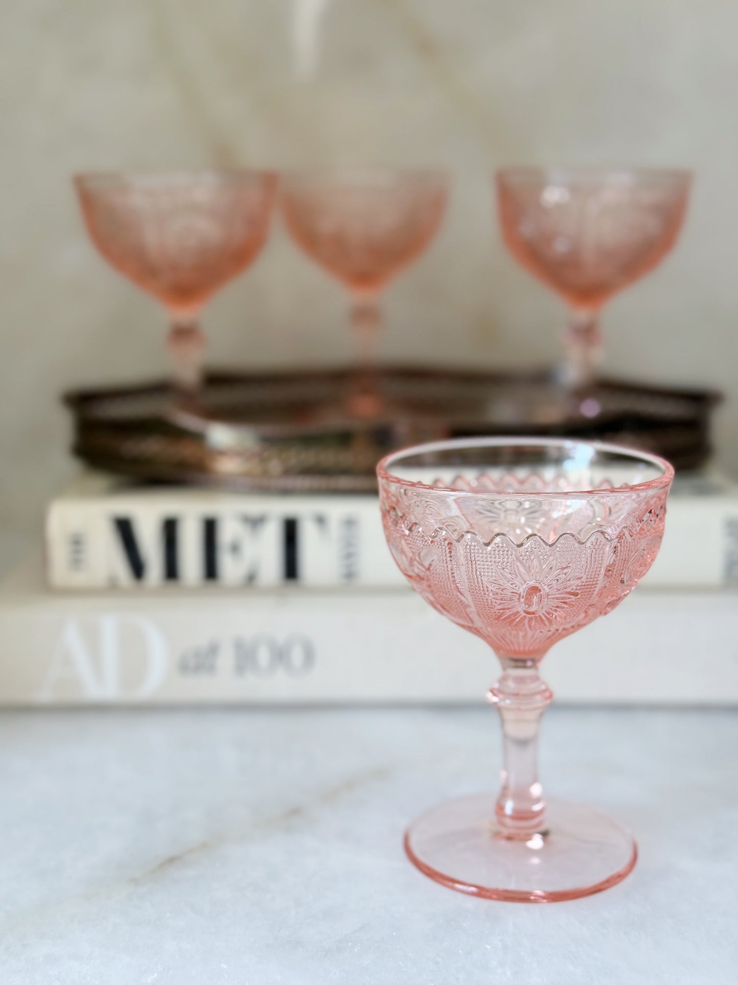 Vintage pink depression glass champagne coupes