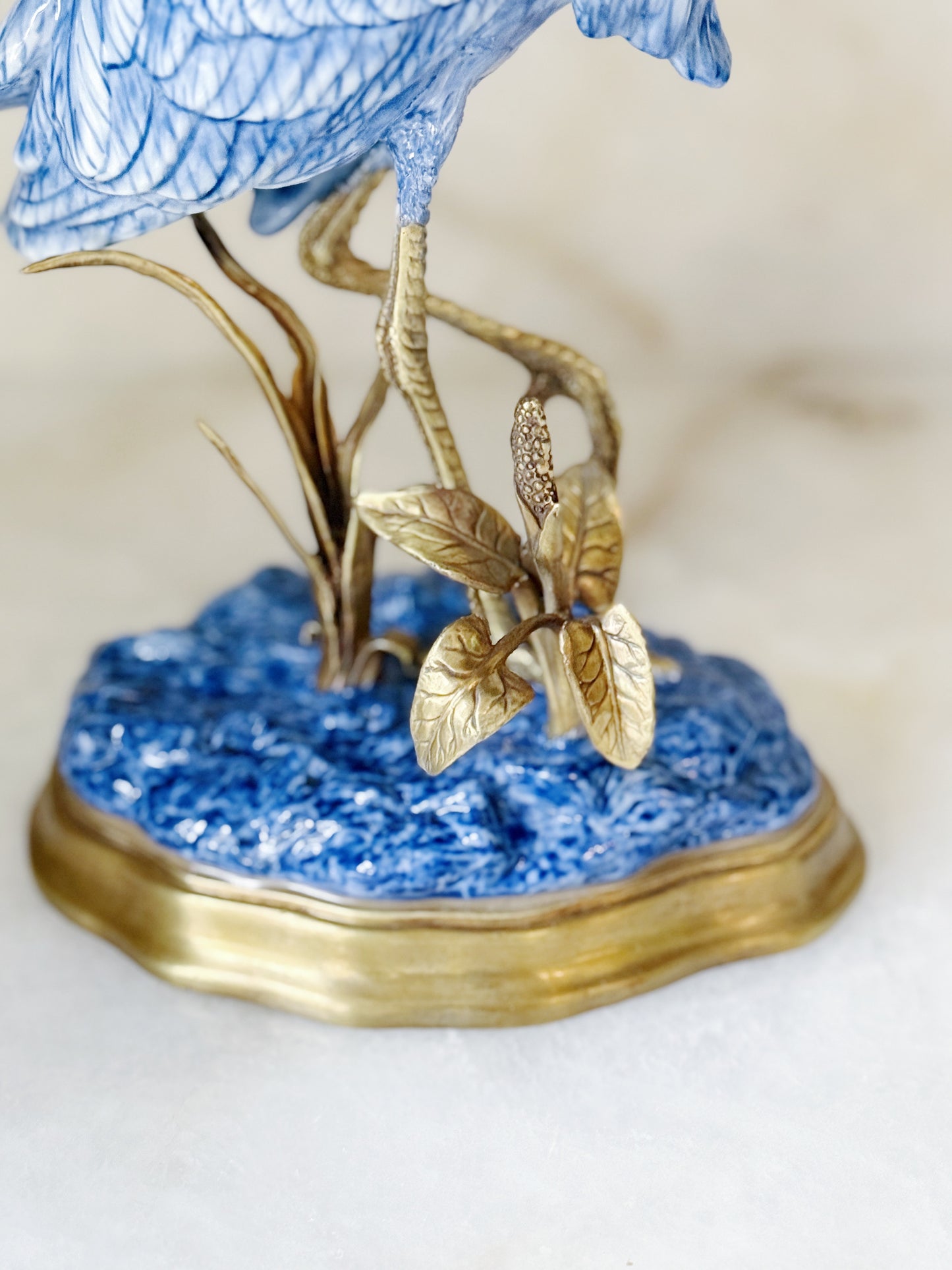 Hand Painted Blue & White Heron Figurine with Bronze Ormolu