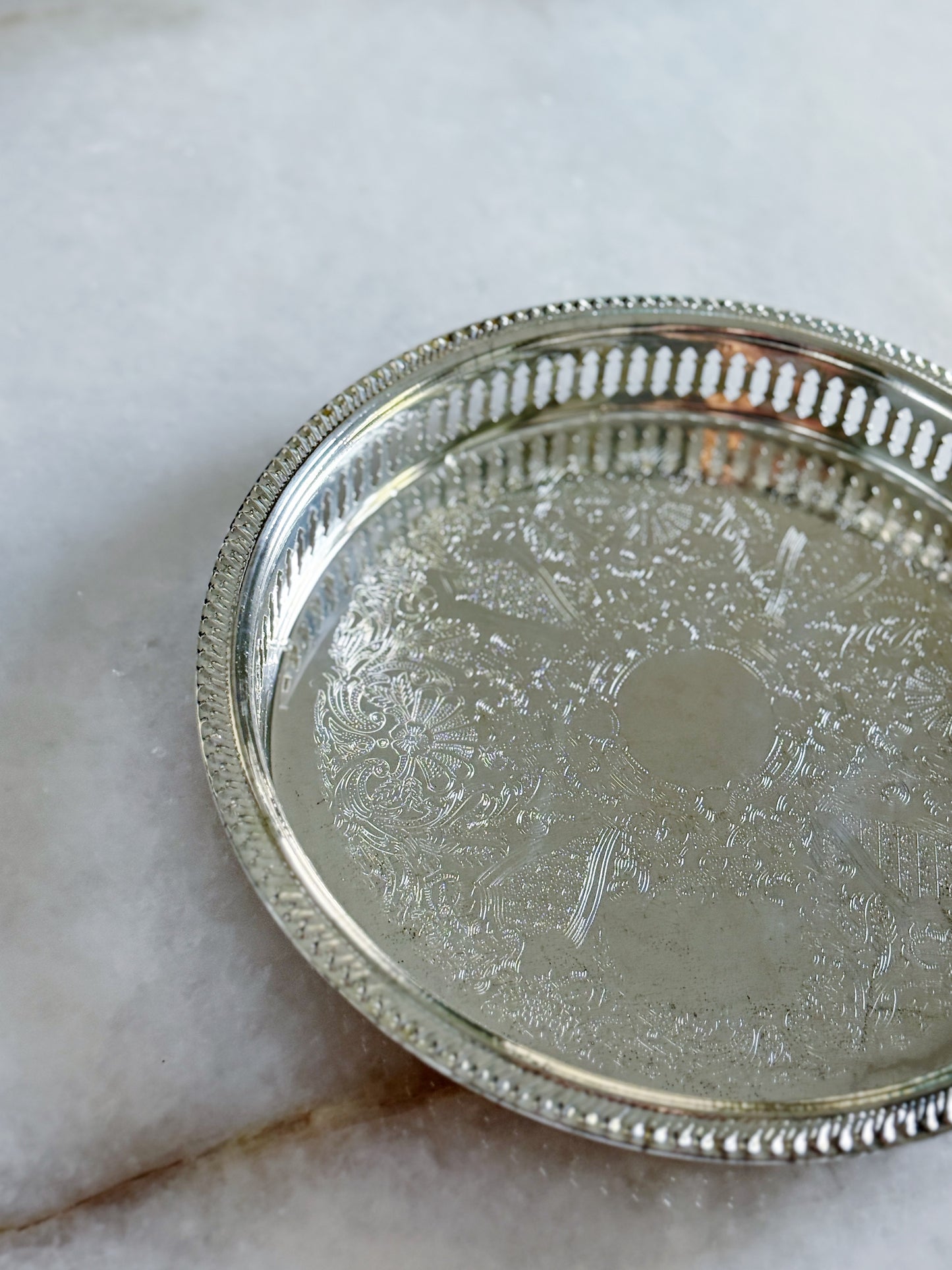 Vintage Silver Embossed Serving Tray with reticulated edge