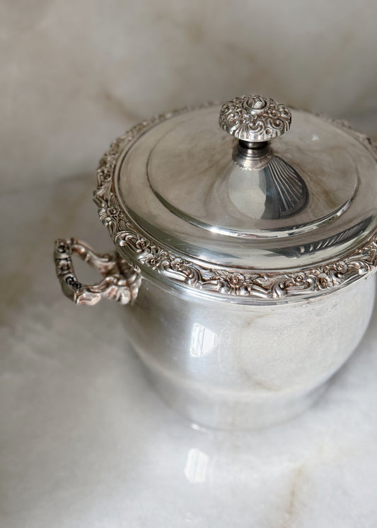 Ornate Vintage Silverplate Ice Bucket with Glass Insert