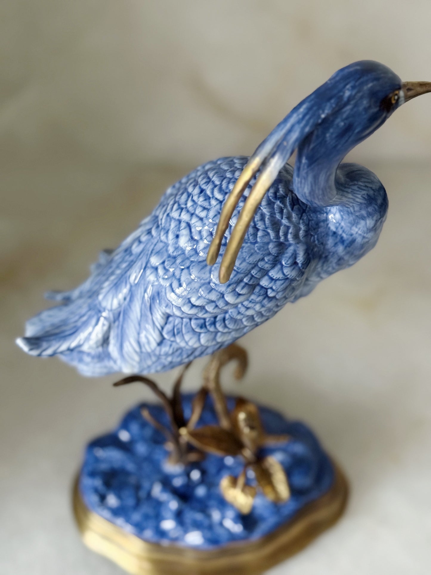Hand-Painted Blue and White Heron Porcelain Sculpture with Bronze Ormolu Base