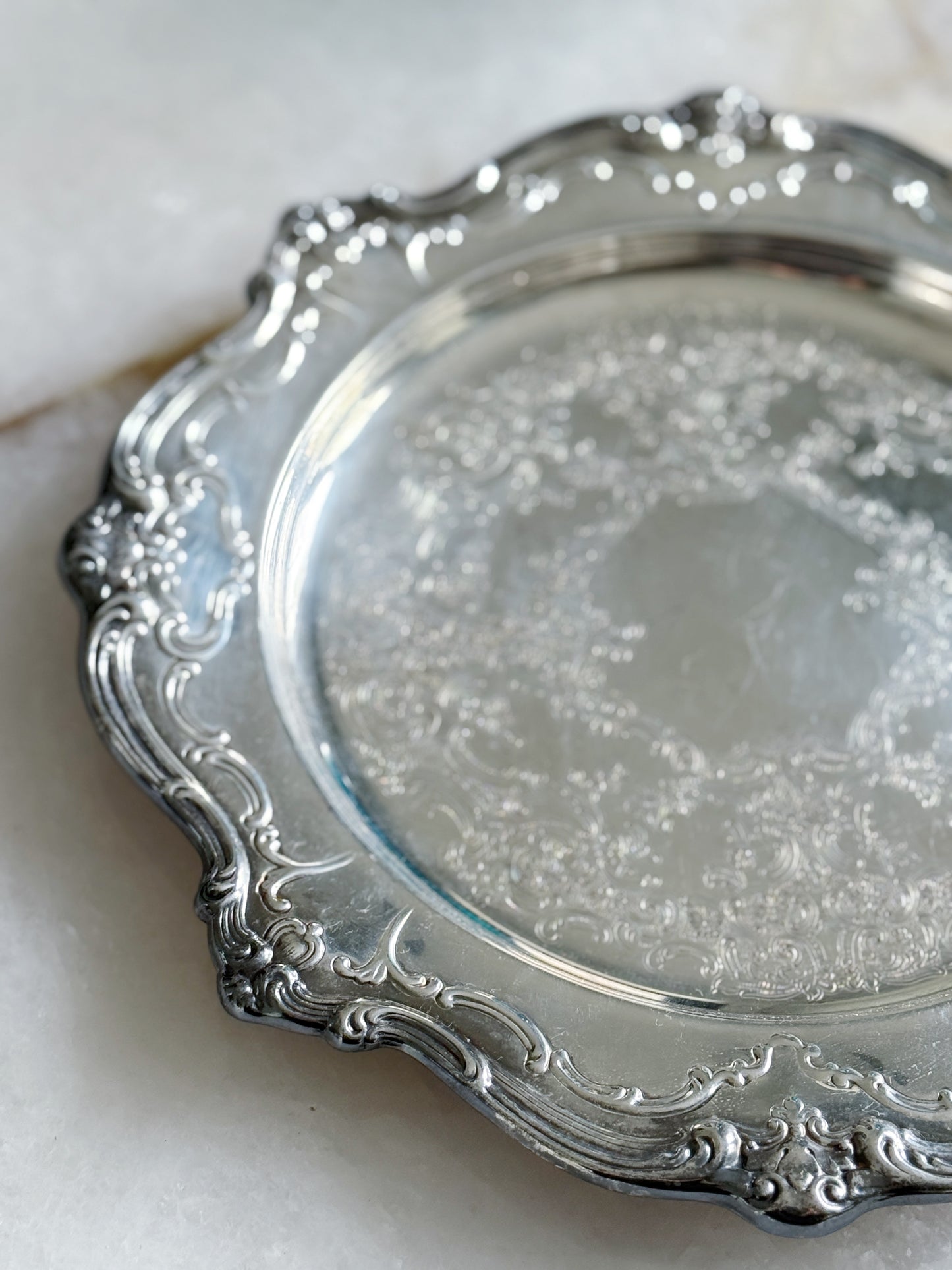 Vintage Ornate Round Silver Serving Tray - 12”