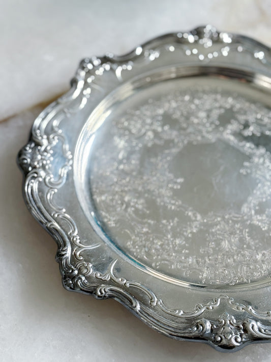 Vintage Ornate Round Silver Serving Tray - 12”
