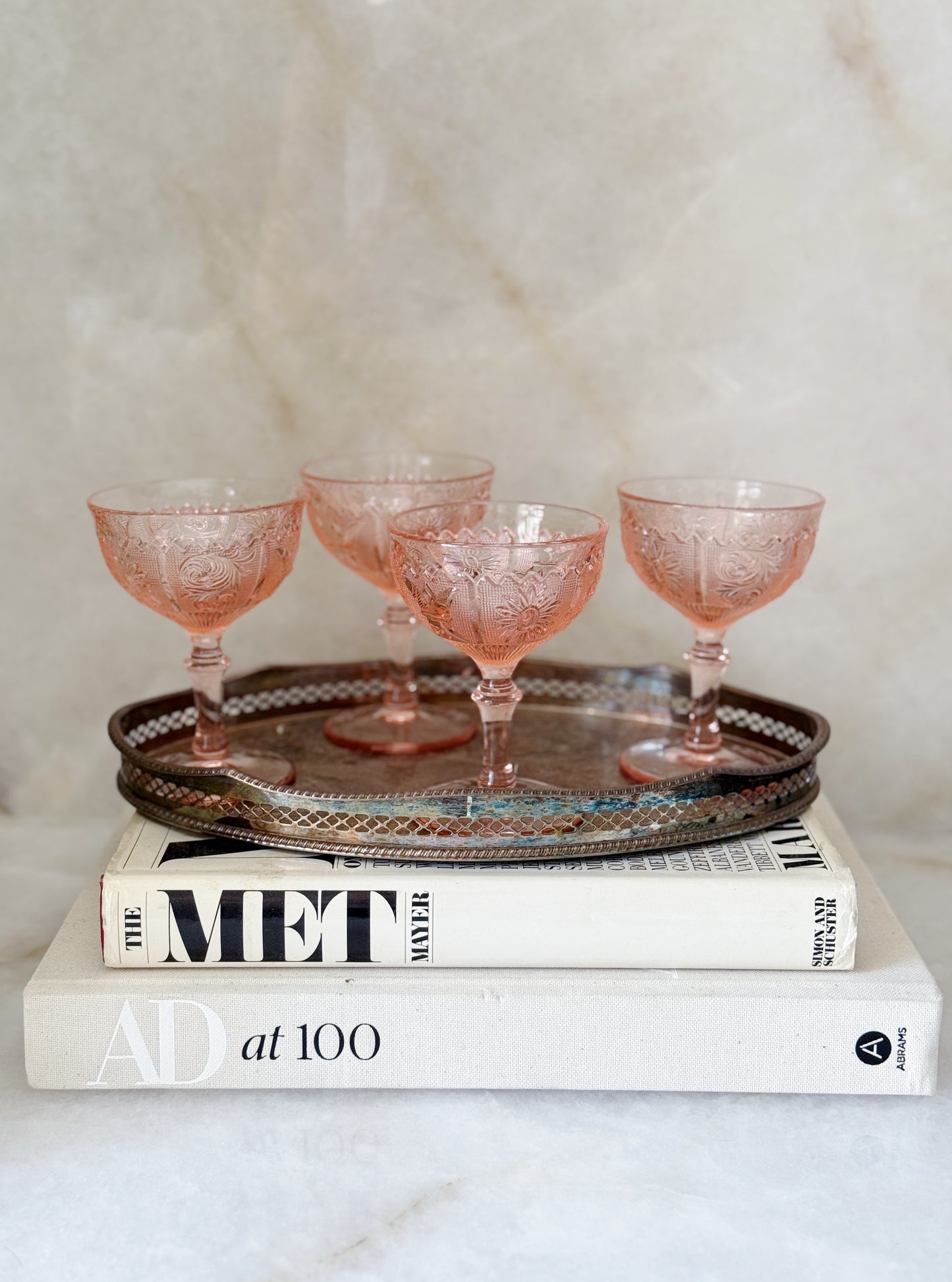 Vintage pink depression glass champagne coupes