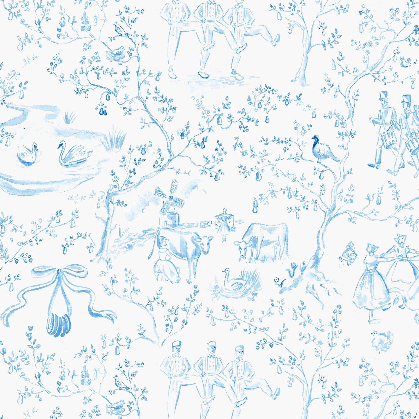 Blue & White Twelve Days of Christmas Toile Wrapping Paper