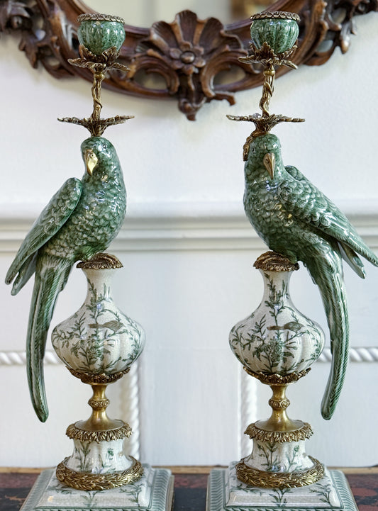Sage Verdant Green & White Hand Painted Bronze Ormolu Parrot Candle Holders