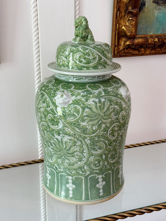 Green & White Scrolling Lotus Temple Jar