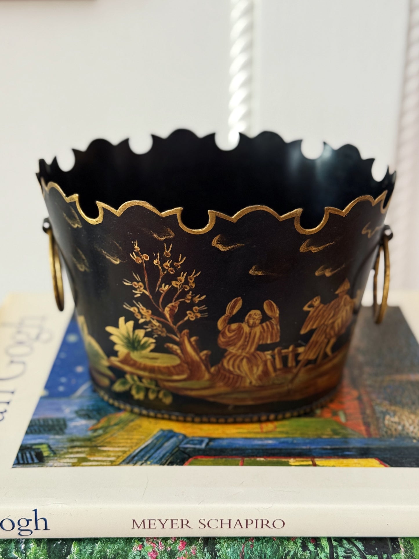Vintage Hand-Painted Tole Planter Cachepot with Chinoiserie Scene & Scalloped Rim
