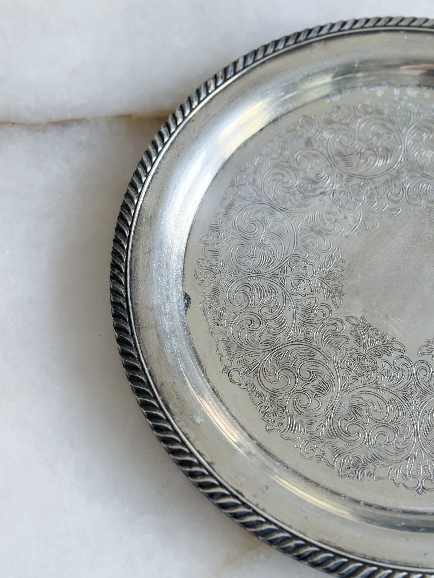 Vintage Round Silver Serving Tray with Rope Edge Detail