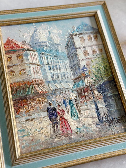 Vintage Colorful Street Scene Framed Oil Painting