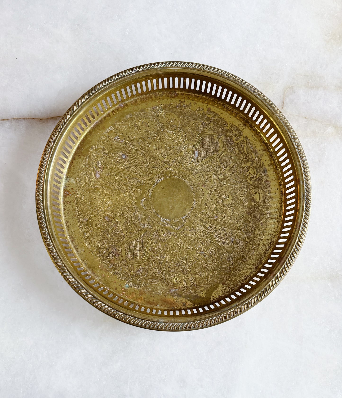 Vintage Brass Serving Tray with Reticulated Edge - 12"