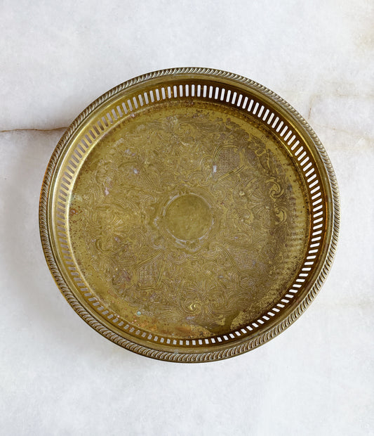 Vintage Brass Serving Tray with Reticulated Edge - 12"