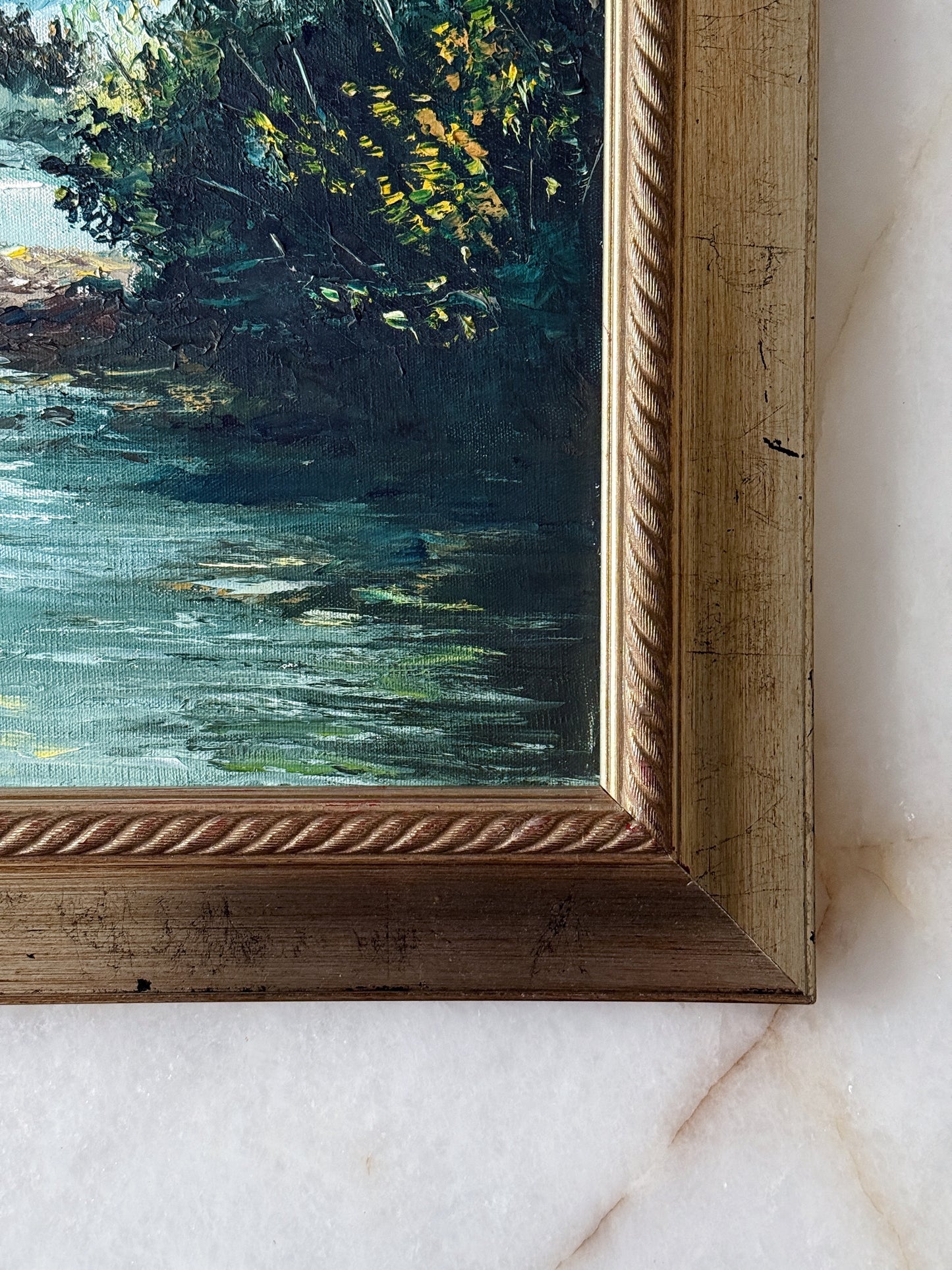 Vintage Framed Oil Painting - Mountain River Landscape