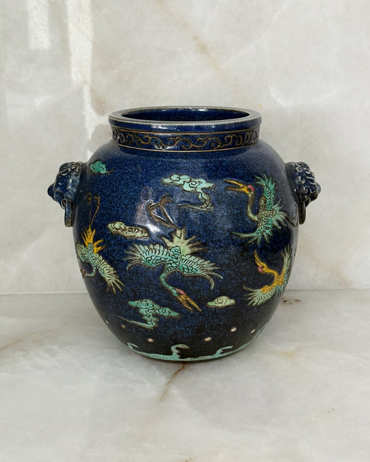 Vintage Blue Ceramic Jardiniere with Foo Dog Handles & Phoenix Design
