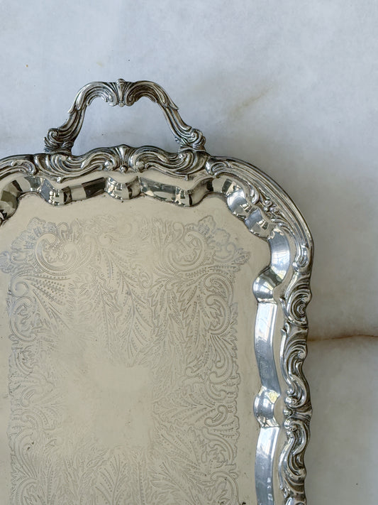 Large Vintage Silver Embossed Footed Serving Tray - 25”