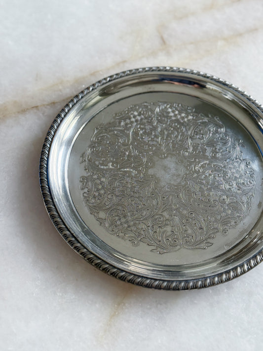 Vintage Round Silver Serving Tray with Rope Detailing