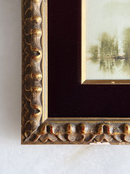 Vintage Framed Watercolor Painting - Trees Over Water