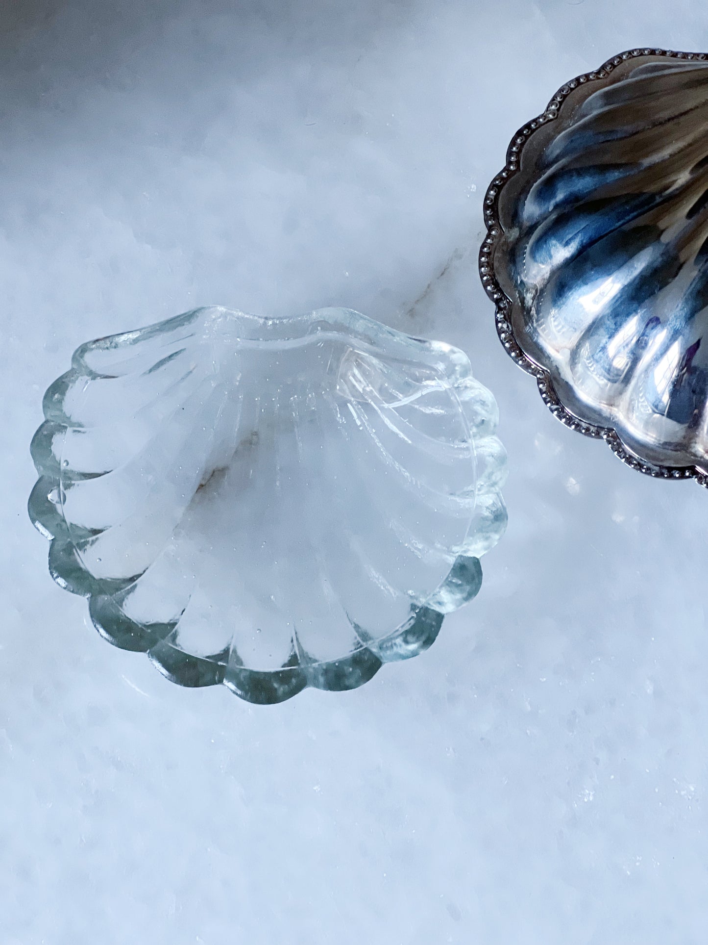 vintage silver clamshell and glass caviar dish