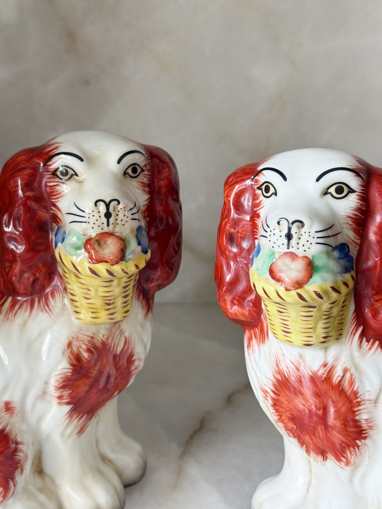 Orange Staffordshire Flower Basket Dogs – Pair