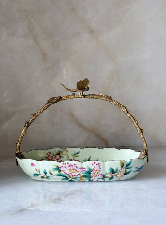 Chinoiserie Porcelain Floral Dish with Bronze Ormolu Dragonfly Detailed Handle