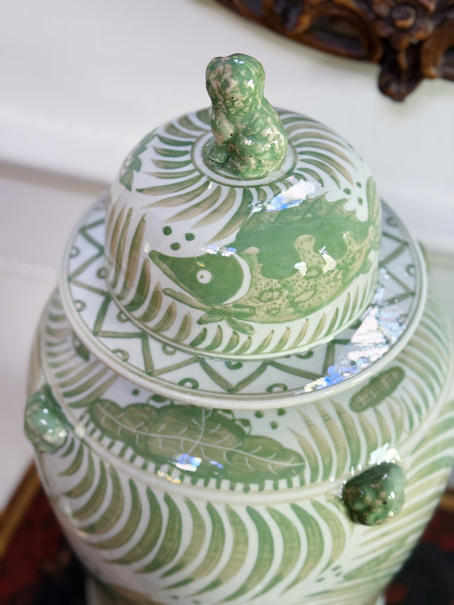 Large Green & White Fish and Lotus Temple Jar
