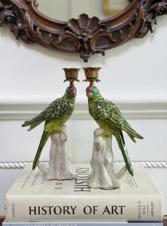 Pair of Green Hand Painted Parrot Candle Sticks