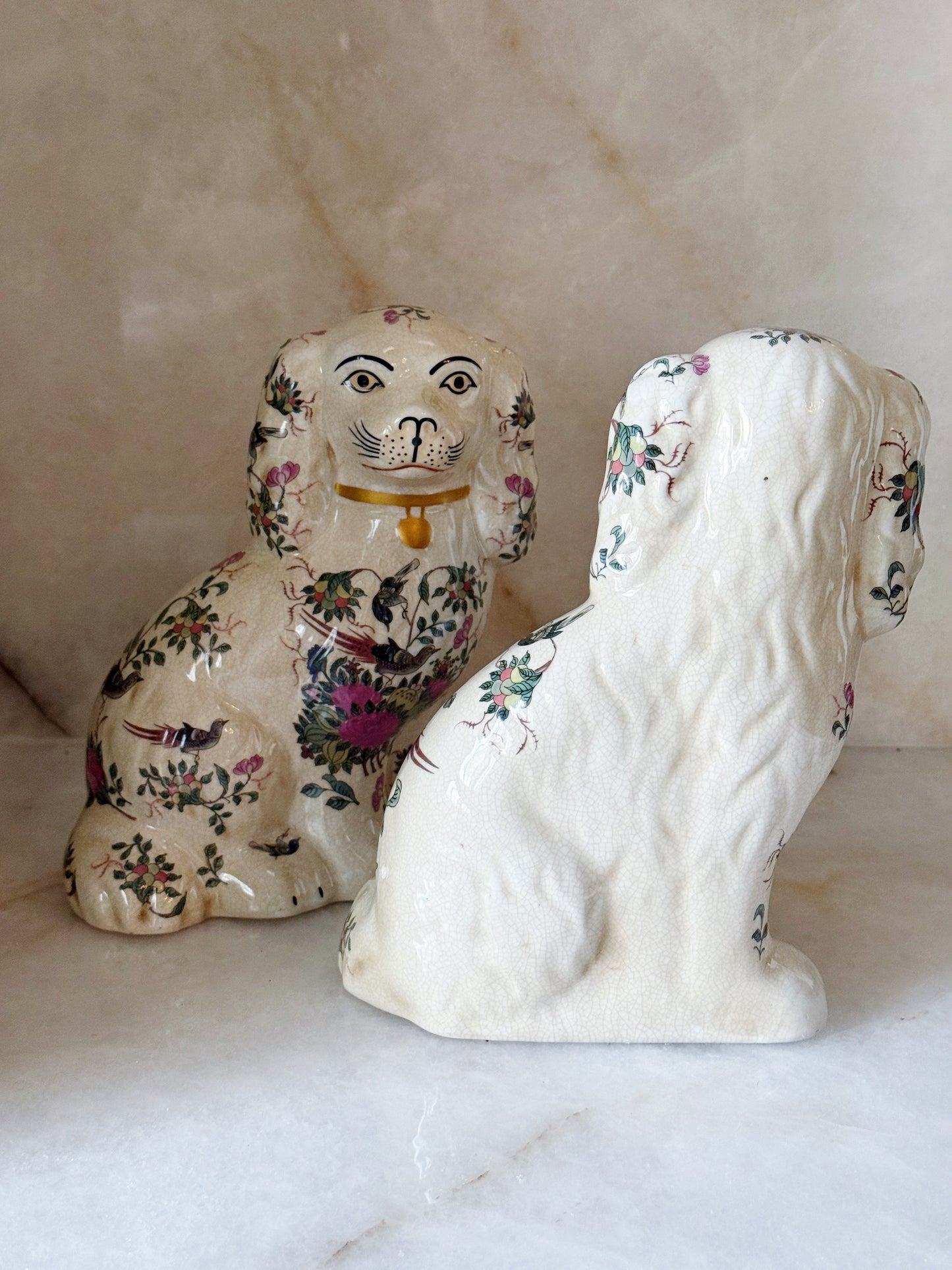 Floral Staffordshire Dog Figurines – Pair | Rose Medallion Porcelain Dogs