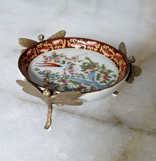 Floral & Bird Porcelain Dish with Bronze Dragonfly Accents