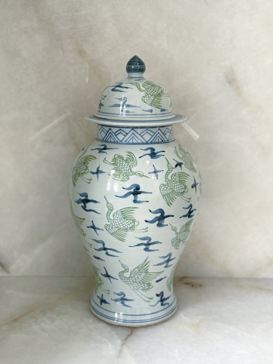Blue and green crane temple jars
