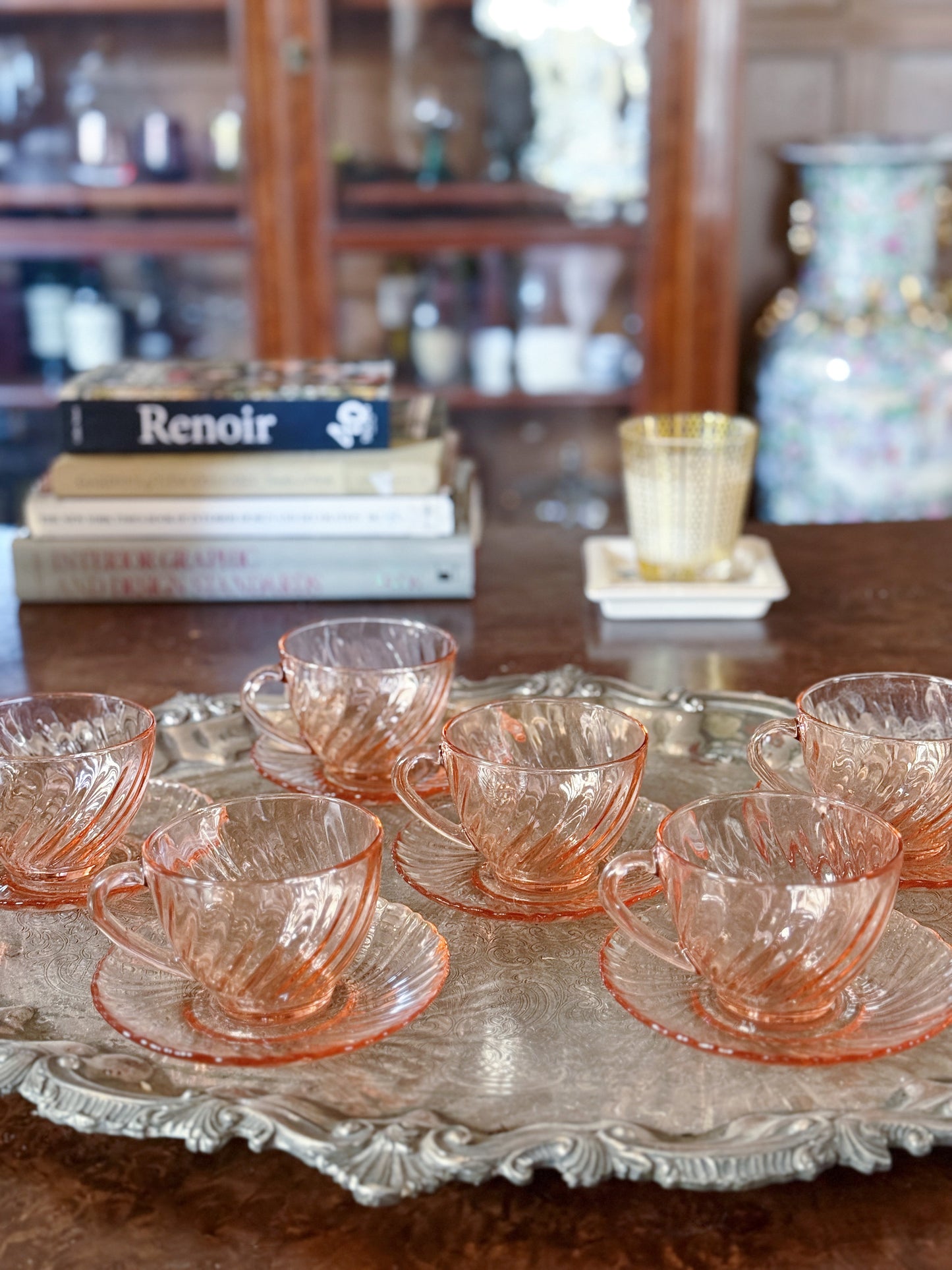 Vintage Pink Depression Glass Tea Cups & Saucers