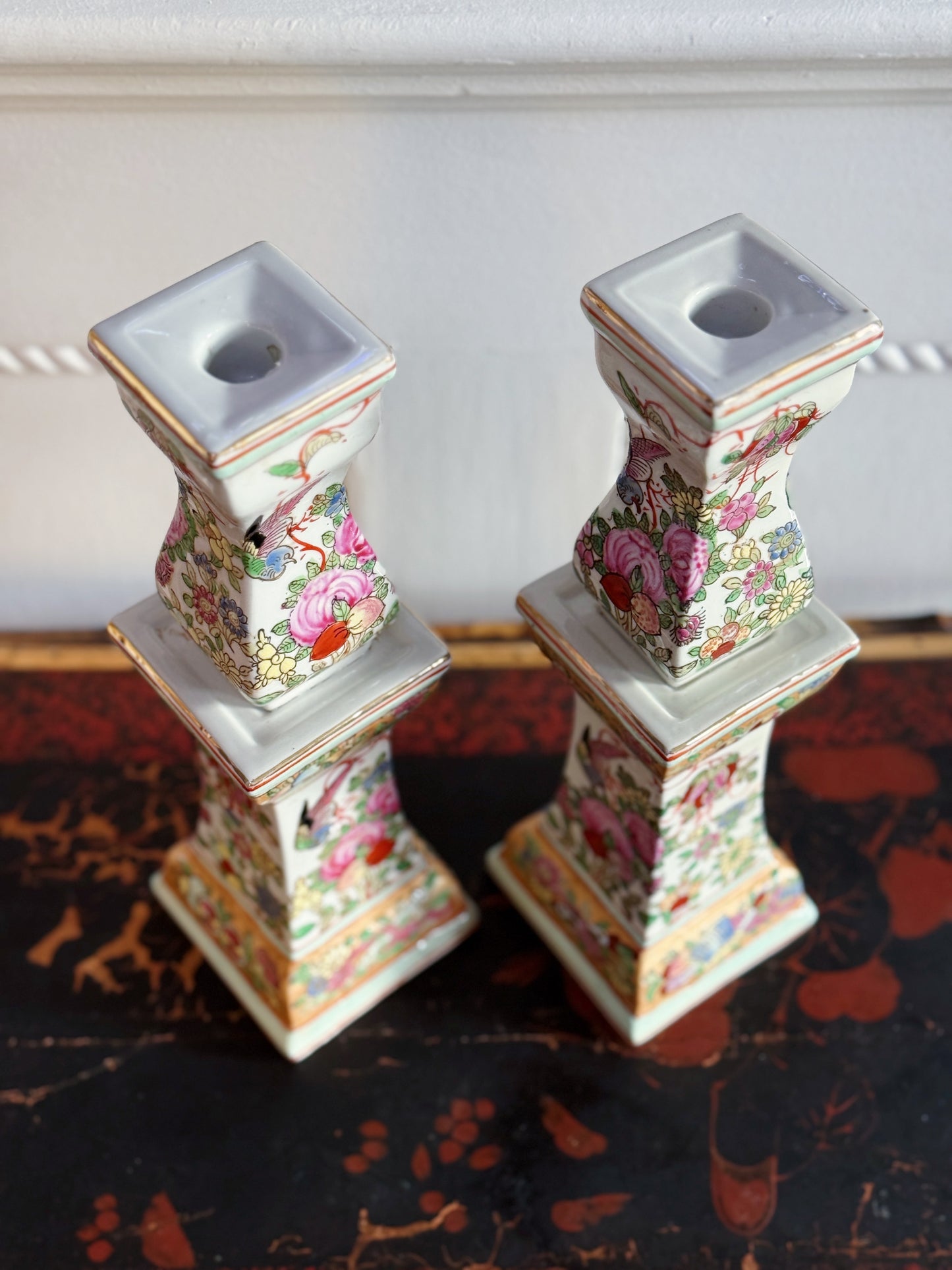 Set of Vintage Hand Painted Famille Rose Candle Holders