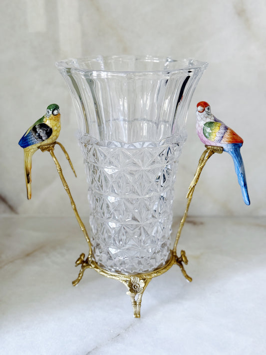 Crystal Vase with Bronze Ormolu Mount and Hand-Painted Porcelain Bird Handles