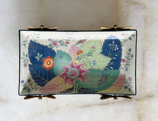 Porcelain Tobacco Leaf Tray with Bronze Dragonfly Accents