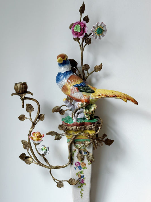 Hand Painted Porcelain Bird & Floral Sconce Set with Bronze Ormolu Detailing