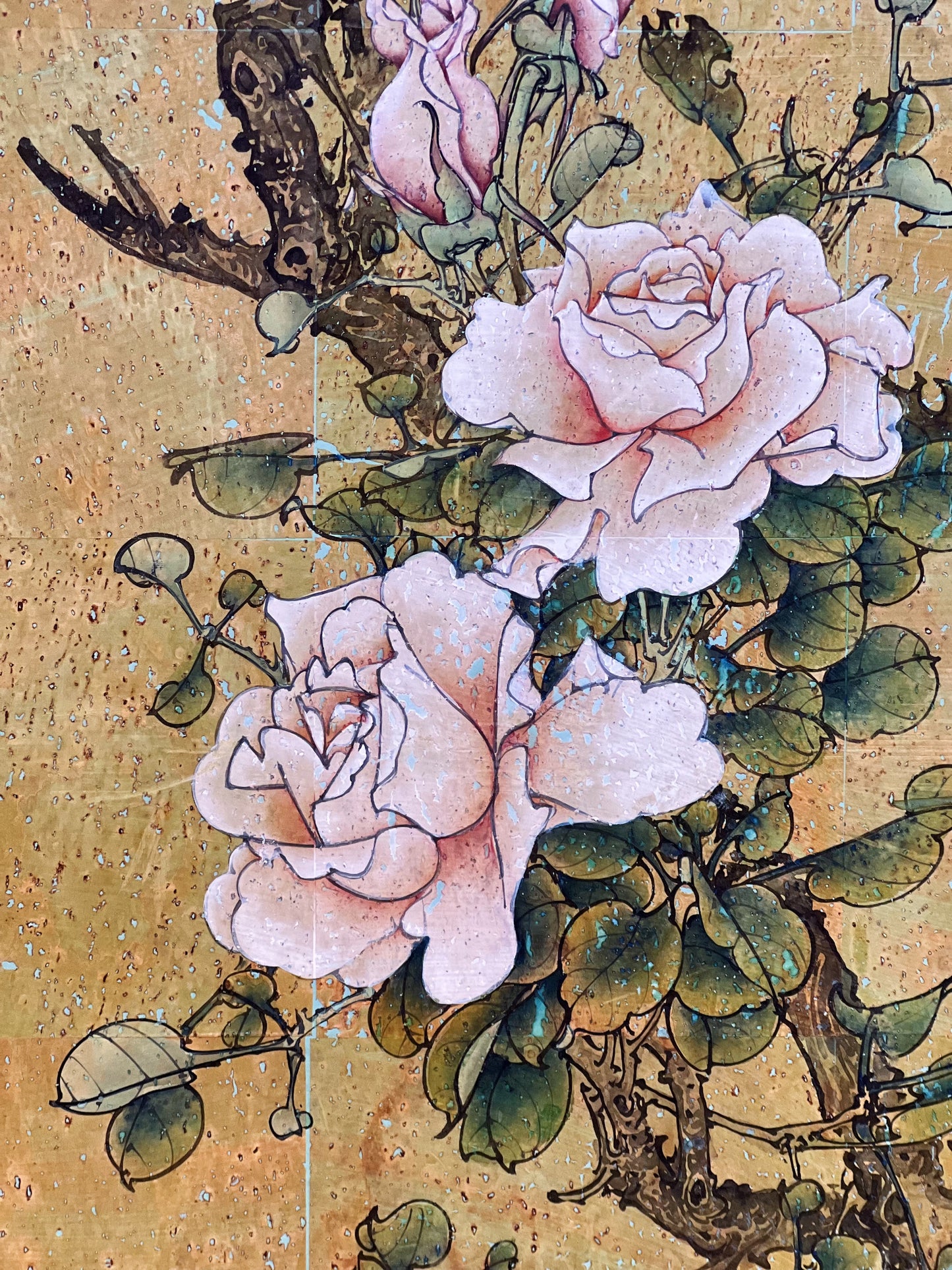 Vintage Asian watercolor art on cork with silk frame