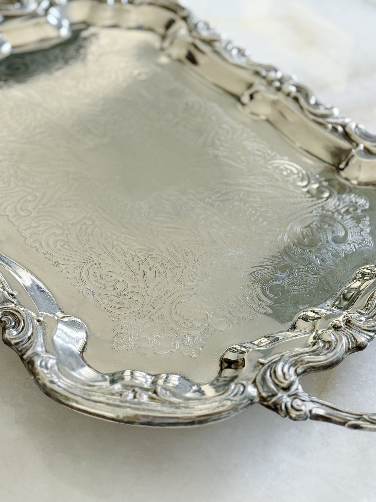 Large Vintage Silver Embossed Footed Serving Tray - 25”
