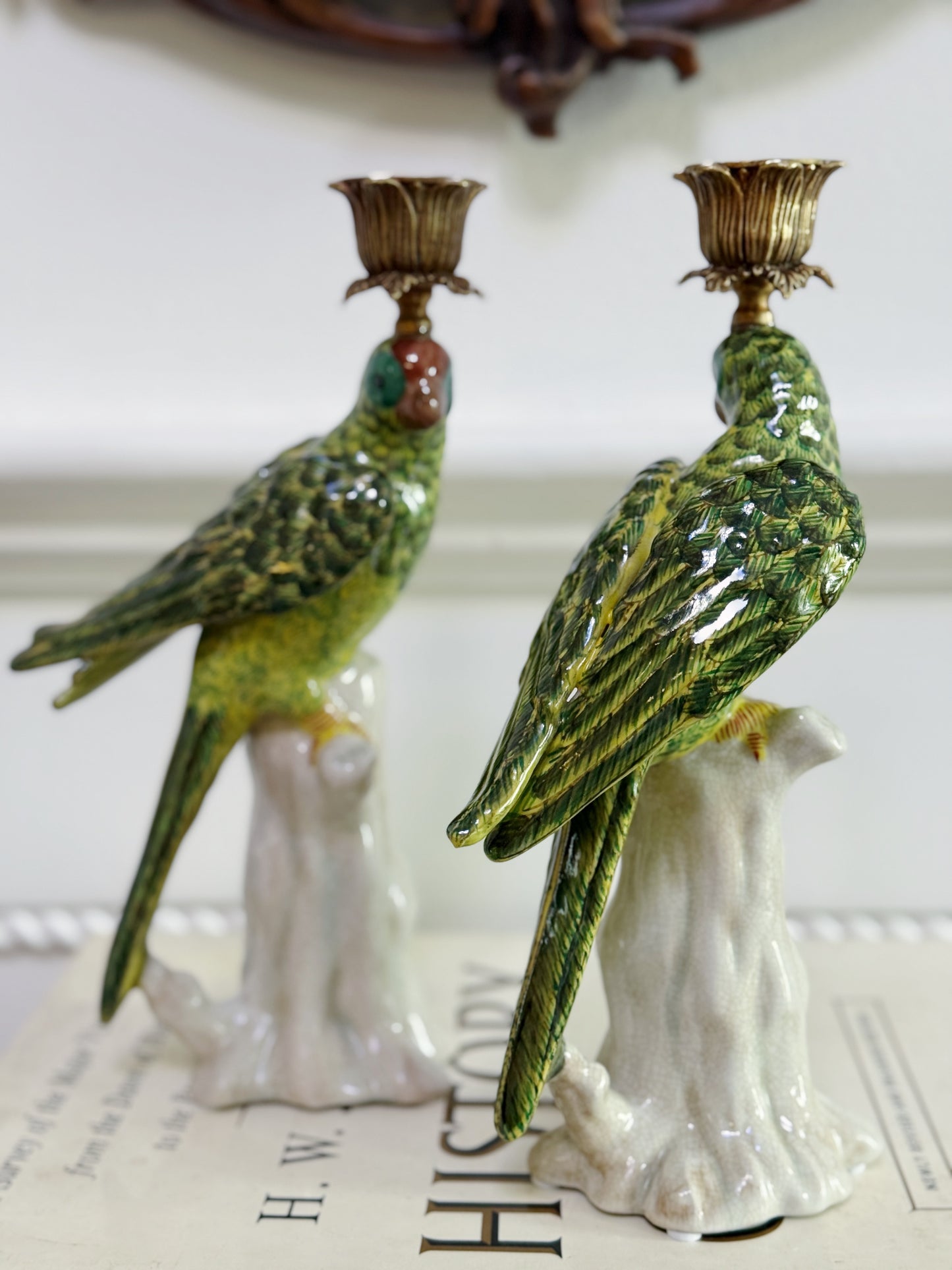 Pair of Green Hand Painted Parrot Candle Sticks