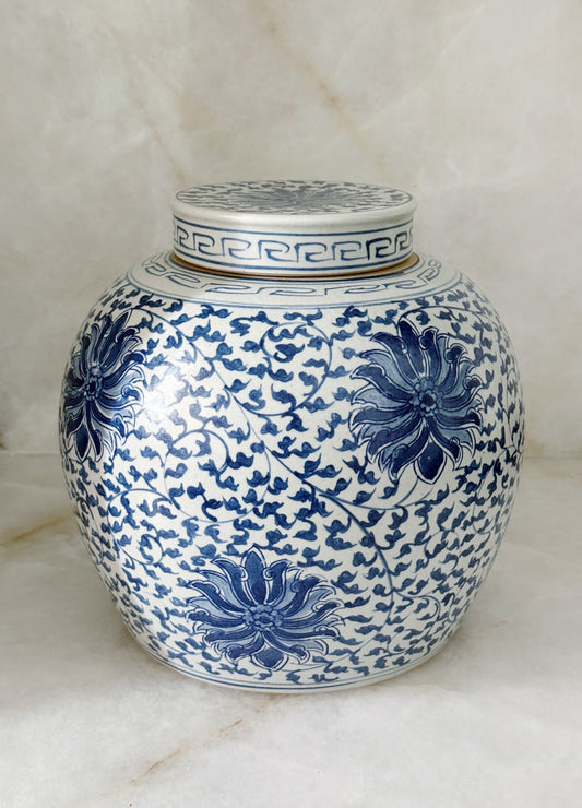 Blue & White Porcelain Ginger Jar with Scrolling Peony Motif