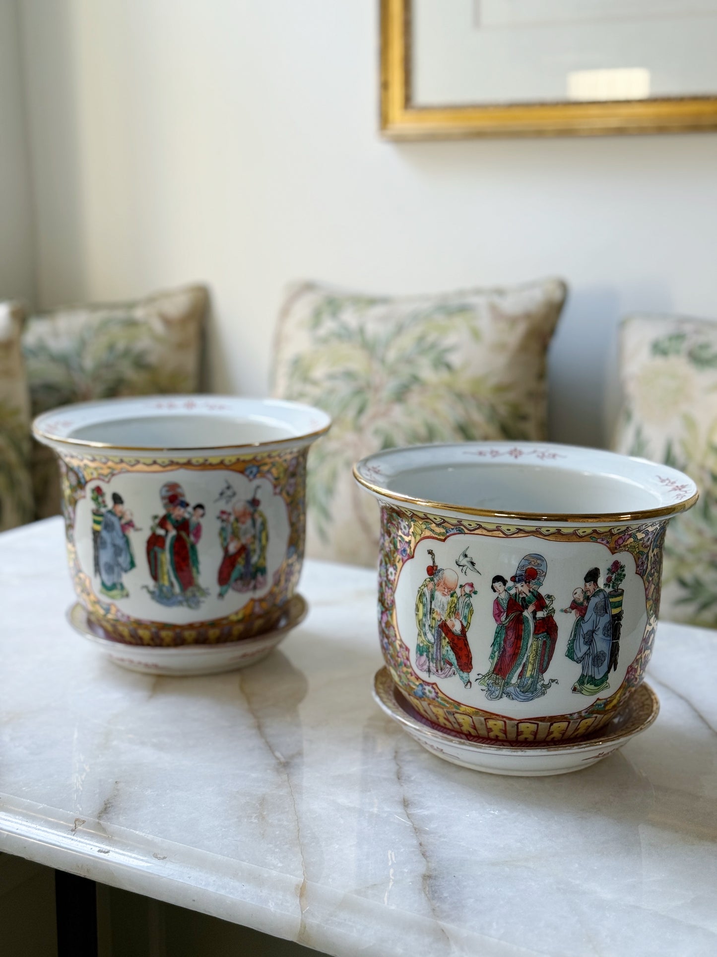 set of vintage famille rose planters with mille fleur design