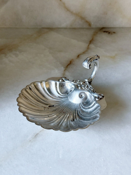 Top view of the vintage silver shell dish with handle