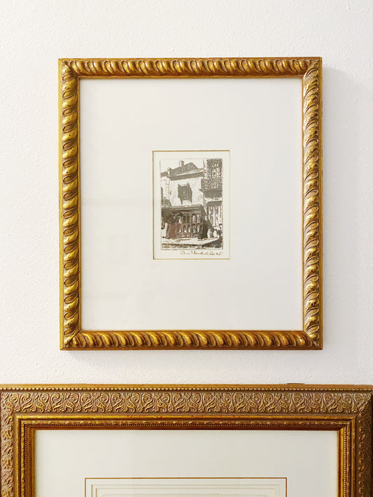vintage ritz Carlton art in gold frame depicting a fresh quarter book shop