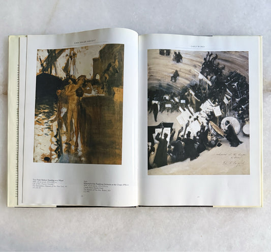 Open spread of the vintage Sargent art book showing early works: Two Nude Bathers Standing on a Wharf and Rehearsal of the Pasdeloup Orchestra